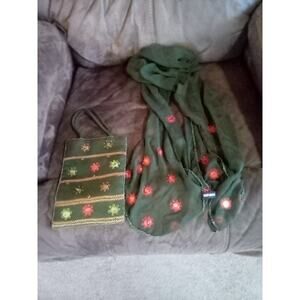 Vintage Urvashi Embellished Green With Red 9x6 Handbag And Twin Silk Scarf 60x13